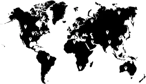 Calcomanía de pared con mapa del mundo grande con gotas de alfileres, mapa negro con pines rojos, negros, blancos y grises, 60 x 100 pulgadas. Fácil