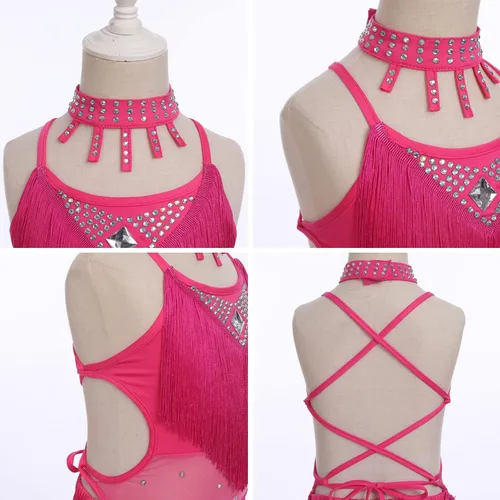 Miniatura 4 de AFAVOM Vestido de baile latino con borlas de lentejuelas para niñas, vestidos de patinaje artístico, ropa de baile con guantes, gargantilla
