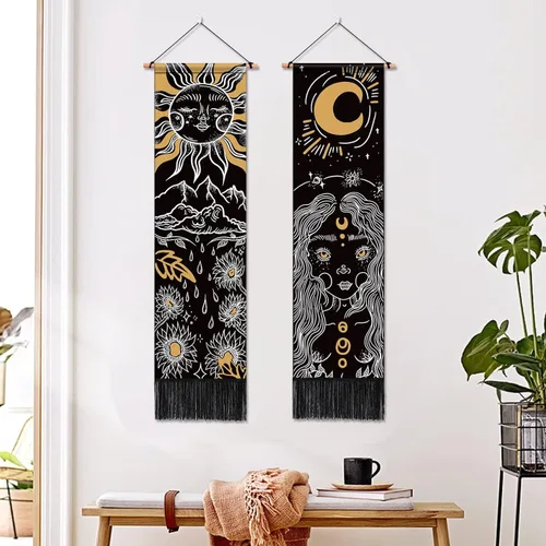 Miniatura 2 de ARTCREATOR Paquete de 2 tapices de sol y luna para colgar en la pared, tapiz estético vertical, arte misterioso, tapices largos para habitación