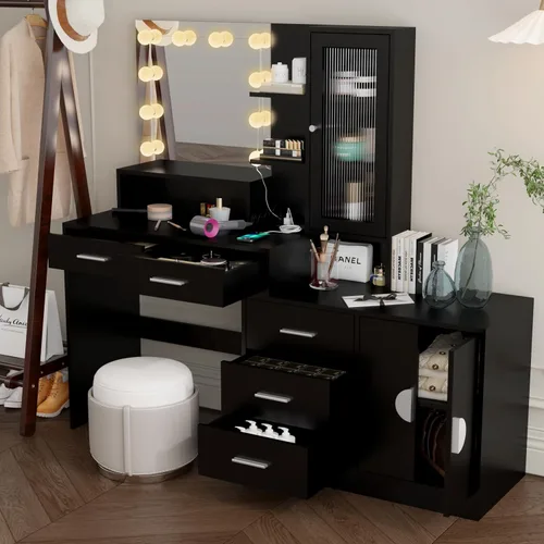 Miniatura 3 de Escritorio de maquillaje con espejo y luz, espejo de tocador con estación de carga para dormitorio, mesa de maquillaje con estantes