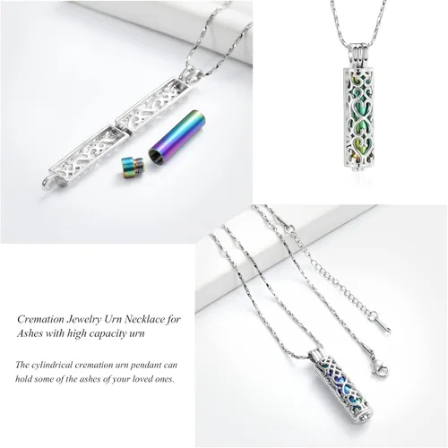 Miniatura 13 de Imrsanl Collar con colgante de urna de cremación con vial de cilindro hueco, urna de recuerdo, joyería de cremación, medallones conmemorativos