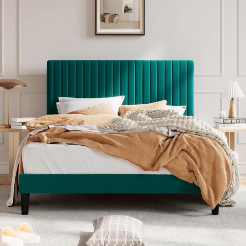 SHA CERLIN - Base de cama tamaño Queen tapizada con plataforma y cabecera acolchada de terciopelo con canales verticales ajustables, soporte de
