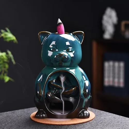 Lindo gato animal cascada reflujo incienso titular para palos, quemador de incienso de cerámica con alfombra, pinzas para decoración de aromaterapia