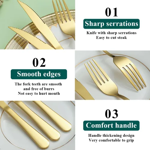 Miniatura 5 de Evanda Juego de cuchillos dorados para carne, 12 piezas, acero inoxidable chapado en titanio dorado, 6 tenedores y 6 cuchillos de cena, cuchillos