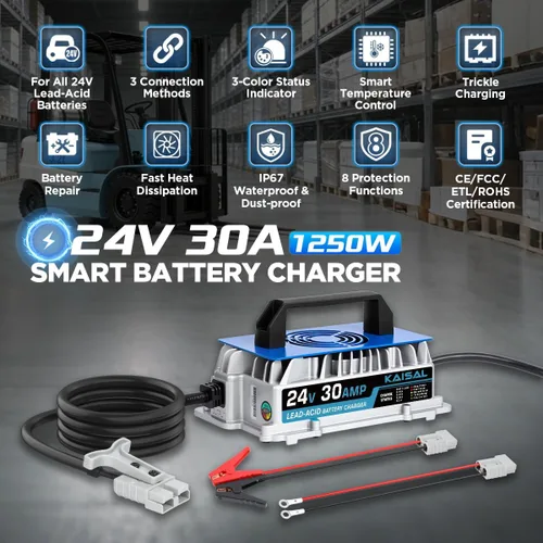 Miniatura 2 de Cargador de batería de 24 V 30 A, cargador de batería inteligente de 24 voltios de 1250 W, 3 formas de conexión, cargador impermeable IP67
