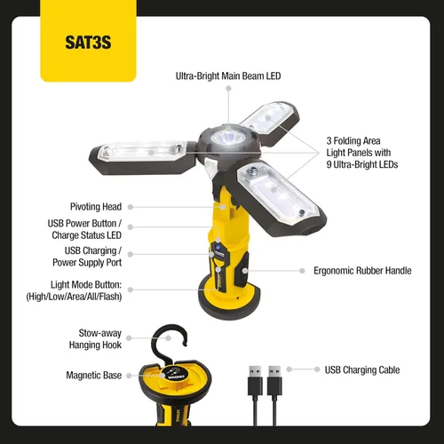 Miniatura 2 de STANLEY SAT3S Satellite luz de trabajo LED de 300 lúmenes recargable con cargador USB