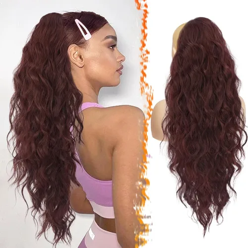 Miniatura 33 de BARSDAR Extensión de cola de caballo rojo burdeos, extensiones de cabello ondulado con cordón de 16 pulgadas para mujer, extensiones de cabello