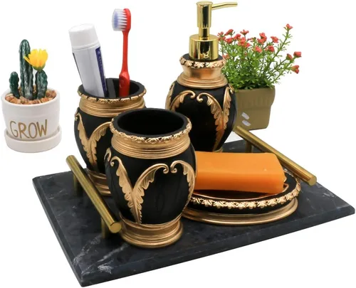 Miniatura 5 de LUANT Juego de accesorios de baño de 4 piezas, incluye vaso, soporte para cepillo de dientes, jabonera y dispensador de jabón, negro con dorado