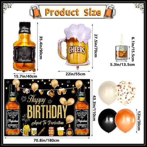 Miniatura 3 de Bluegogo Decoraciones de fiesta de whisky para hombres, kit de 82 piezas envejecidas a la perfección con globos de aluminio, telón de fondo