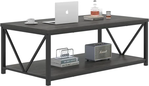 Miniatura 8 de FOLUBAN Mesa de centro con almacenamiento, mesas centrales pequeñas modernas para espacios pequeños, mesa de cóctel de madera rústica y metal