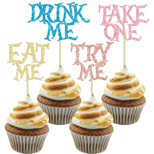 Miniatura 8 de Gyufise 24 piezas de adornos para cupcakes de Alicia en el país de las maravillas con purpurina negra Try Me Take One Eat Me Cupcake Picks