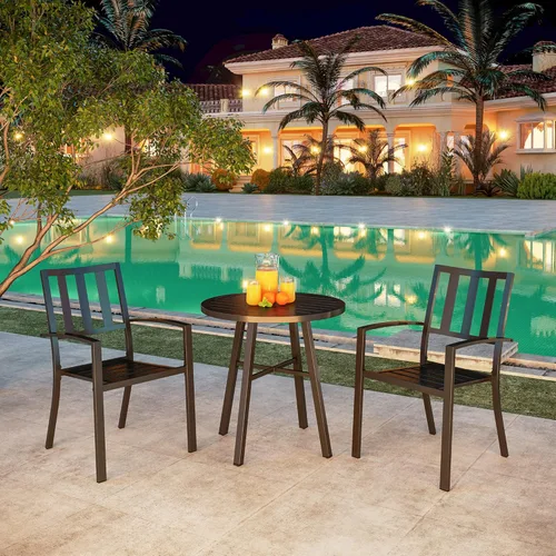 Miniatura 5 de PHI VILLA Juego de comedor de 3 piezas para patio al aire libre, mesa redonda de metal con listones y 2 sillas de patio, juego de muebles de Negro