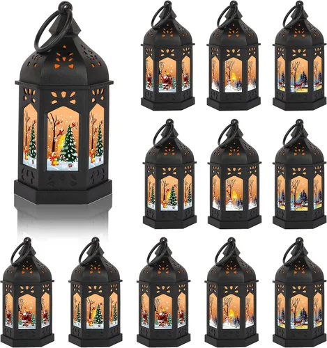 LLQ 12 mini linternas de decoración de Navidad con patrón de Navidad y velas LED parpadeantes, centros de mesa de Navidad vintage, linterna negra