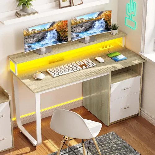Miniatura 10 de YITAHOME Escritorio para computadora con cajones, escritorio de oficina de 47.2 pulgadas con tomas de corriente y luz LED, escritorio de oficina