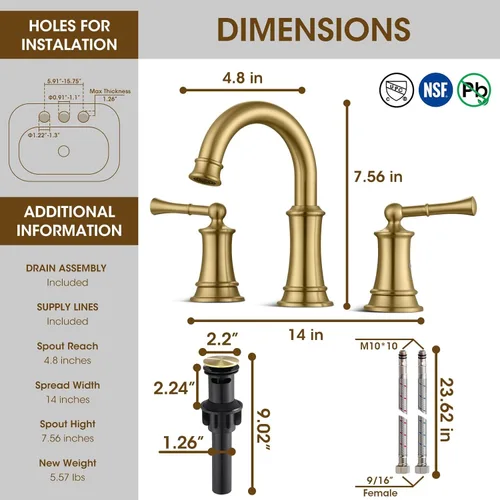 Miniatura 2 de Grifo de baño de oro cepillado de 8 pulgadas, construcción de latón sólido, grifo de baño dorado de 3 orificios con desagüe emergente y 2 mangueras