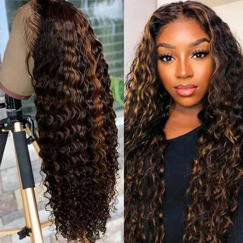 Peluca de cabello humano 1B/30 negro marrón 13x6 HD con encaje frontal HD predepilada con abuelitos, ondulado profundo, rubio miel, pelucas de