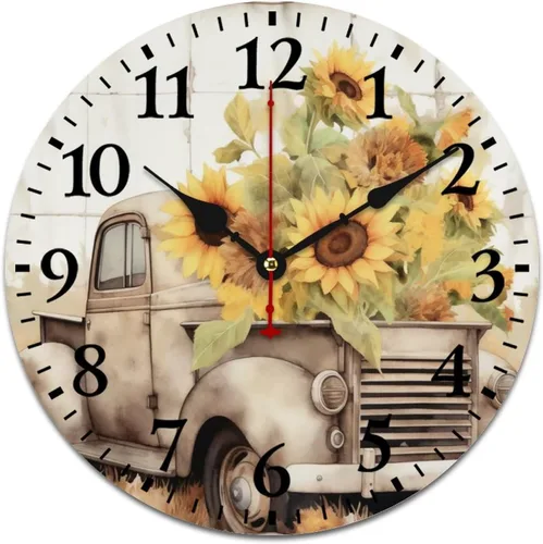 Miniatura 17 de Relojes de pared de 16 pulgadas, girasol con abejas y hojas, movimiento de cuarzo decorativo de madera, número arábigo, mariposa, girasol, reloj