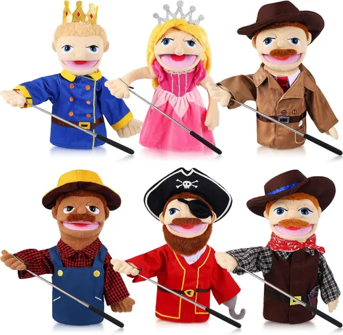 Miniatura 10 de 6 piezas de marionetas de mano familiares de 30 cm, abuelos, mamá y papá, hermano y hermana, marionetas de mano de felpa para niños, juguetes