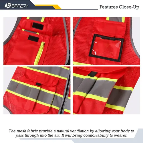 Miniatura 4 de JKSafety Chaleco de seguridad de malla de alta visibilidad con 9 bolsillos para hombres y mujeres, Chaleco reflectante de seguridad, cremallera