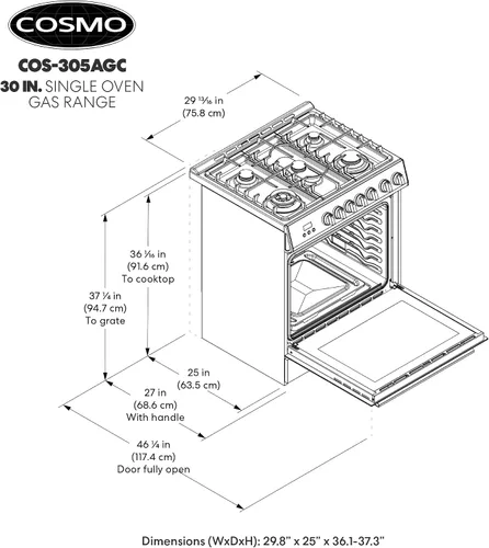Miniatura 13 de COSMO COS-305AGC - Cocina independiente de gas para horno individual de 30 pulgadas y 5.0 pies cúbicos con placa de cocina de 5 quemadores