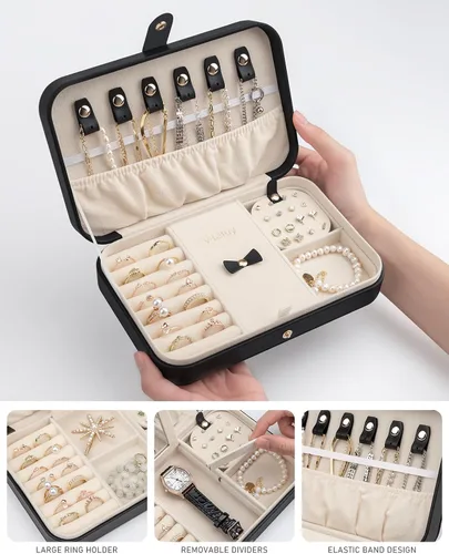 Miniatura 2 de Joyero pequeño, joyero de viaje portátil para mujer, mini organizador de viaje de 2 capas, regalo para mujeres y niñas, negro A