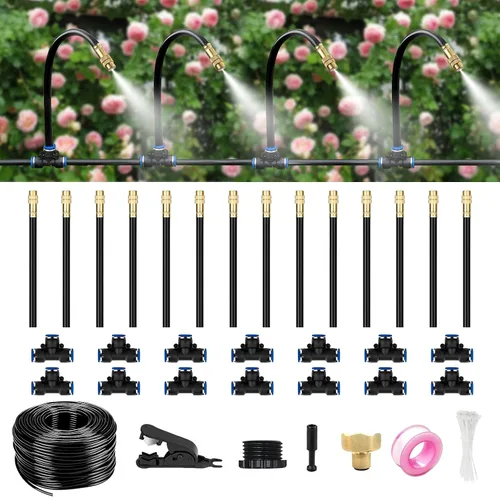 Sistema de riego por goteo de 40 pies para jardín, kit de riego automático con conectores de metal de latón macizo, tubo flexible de 360° y 14