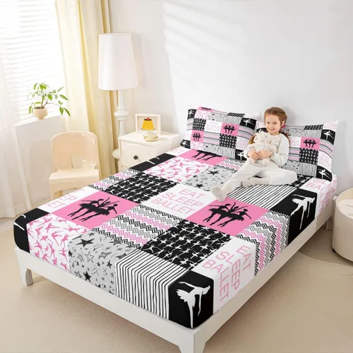 Miniatura 12 de Sábana bajera ajustable de ballet para niñas, juego de ropa de cama de ballet para danza de ballet, sábanas de cama con rayas geométricas onduladas