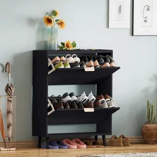 Miniatura 6 de Armario de zapatos, organizador independiente moderno con 2 cajones abatibles, armario estrecho para zapatos, para entrada, color negro