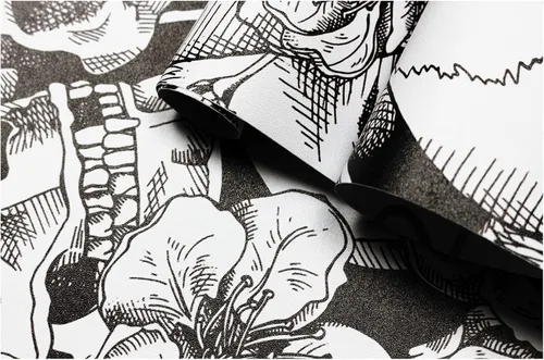 Miniatura 7 de HAOKHOME Papel tapiz gótico para despegar y pegar, diseño floral de calavera de azúcar para dormitorio, decoración de pared extraíble negro/blanco