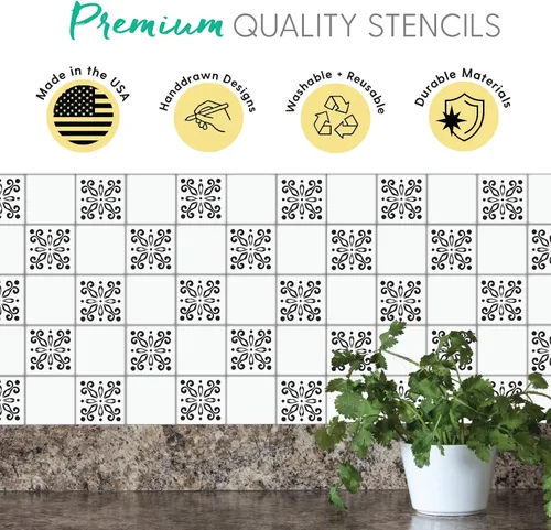 Miniatura 5 de Plantillas de azulejos mexicanos Talavera para pintar paredes y suelos (paquete de 4) – Plantillas reutilizables de 4 x 4 pulgadas para salpicaduras