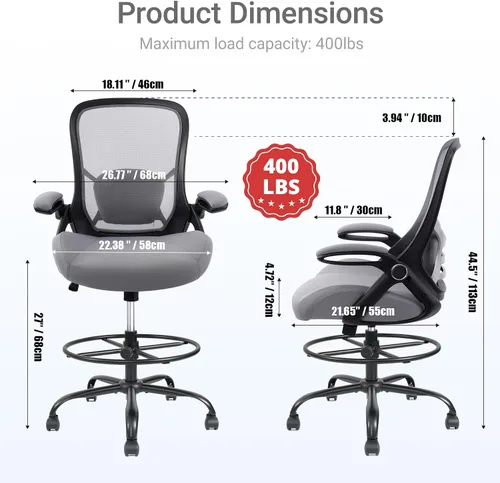 Miniatura 2 de HYLONE Silla de dibujo resistente de 400 libras, asiento grueso de 5 pulgadas, silla de oficina con reposabrazos abatibles, silla ergonómica alta