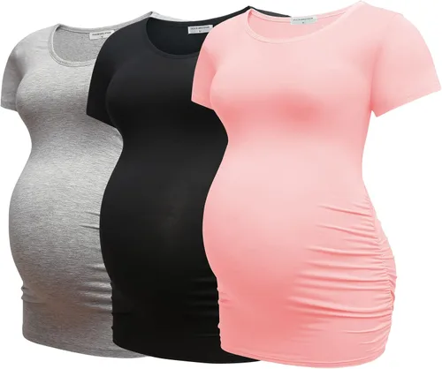 Bearsland - 3 Camisetas de maternidad para mujer, camisetas clásicas de manga corta con lateral fruncido para madres, ropa de embarazo