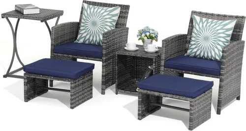 OC Orange-Casual Juego de muebles de patio de 6 piezas con otomana, juego de silla y mesa de mimbre gris para exteriores, muebles de balcón para