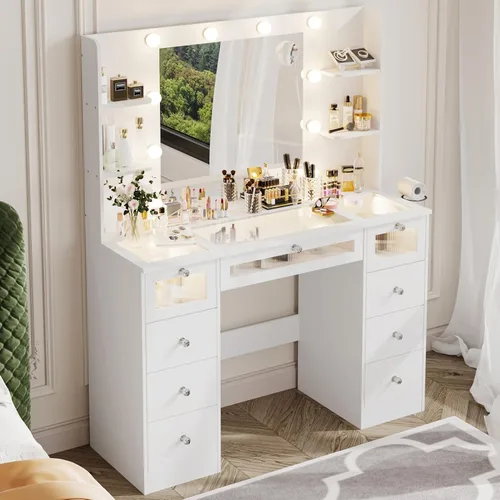 Miniatura 8 de Tocador blanco con espejo iluminado de 23.5 pulgadas, escritorio de tocador con parte superior de vidrio con 9 cajones y bombillas Hollywood de 3