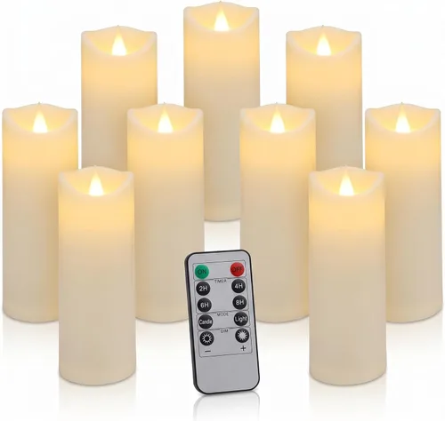 Enido 9 piezas de velas LED sin llama parpadeantes con control remoto y temporizador para ambiente romántico y decoración del hogar, operadas a Crema