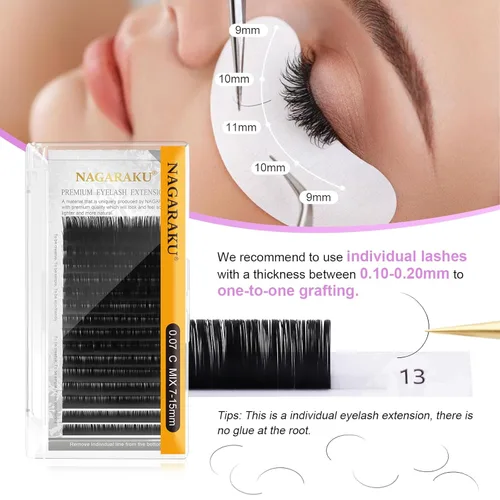Miniatura 5 de NAGARAKU - Extensiones de pestañas individuales, pestañas falsas de visón, 0.05mm, rizo CC, bandeja mixta de 7-15mm, clásico, negro mate, suave