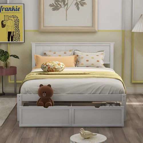 Miniatura 3 de P PURLOVE Base de cama de tamaño matrimonial con cajones de almacenamiento, plataforma de madera con cabecero para niños, color blanco