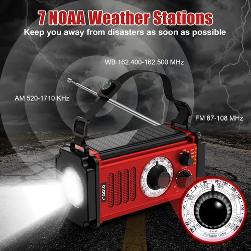 Miniatura 2 de Radio de emergencia con manivela de 37000 mWh, radio meteorológica solar portátil AM/FM/NOAA con batería recargable, cargador USB, alarma SOS