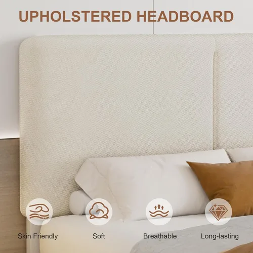 Miniatura 3 de VECELO Marco de Cama Matrimonial Tapizado Camas Plataforma con Cabecera de Algodón y Lino Ajustable en Altura, Listones de Madera Resistente, 6