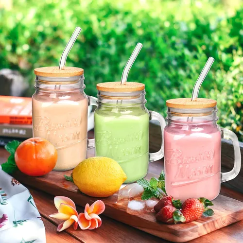 Miniatura 5 de ANOTION Vasos para beber Mason Jar – Frascos Mason Jar de vidrio de 16 onzas con tapas y pajitas, taza de café helado, botellas de jugo Mason Jar