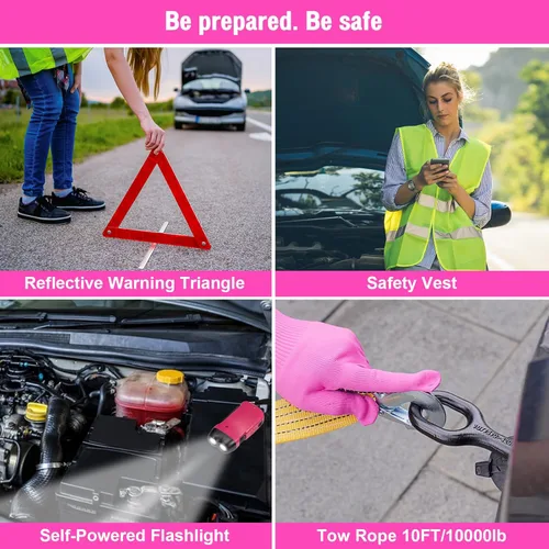 Miniatura 6 de Kit de emergencia en carretera para vehículos, con aspiradora de coche inflable 4 en 1, cables de puente rosa, kit de primeros auxilios, cuerda