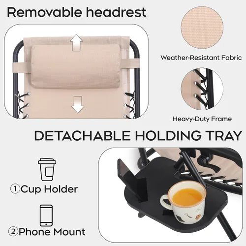 Miniatura 6 de Juego de 2 sillas reclinables ajustables de gravedad cero para exteriores, con bandeja portavasos, almohadas extraíbles, silla reclinable ergonómica