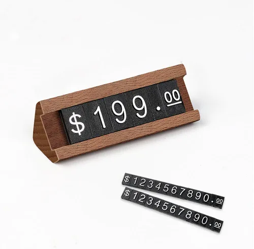 Miniatura 6 de 10 juegos/caja de exhibición de precios Soporte de mostrador de precio de madera, cubo digital con número de letra, etiqueta de precio ajustable