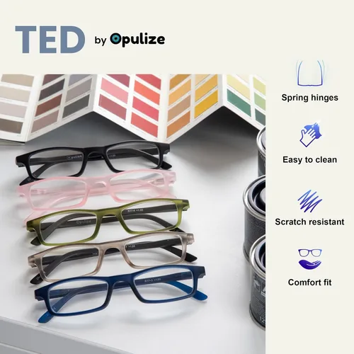 Miniatura 5 de OPULIZE TED - Lentes de lectura para mujeres y hombres, marco mate rectangular, ligero, estrecho, con bisagras de resorte, gris transparente +1.50