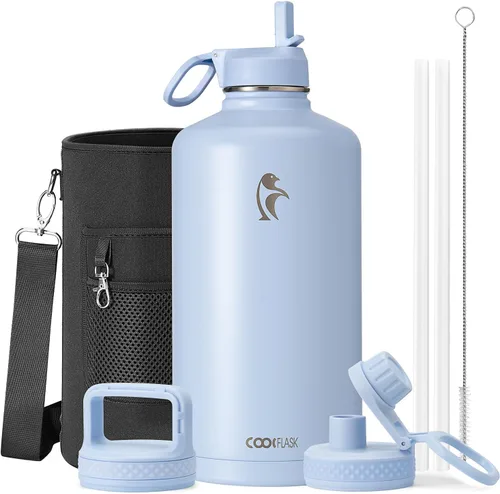 Miniatura 23 de Coolflask Botella de agua de 20 onzas aislada con pajilla, 3 tapas de metal de acero inoxidable, botella de agua de boca ancha para deportes u