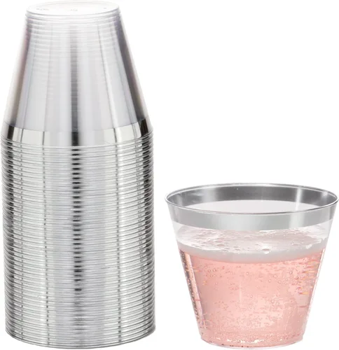 Miniatura 8 de Prestee Paquete de 100 vasos de plástico desechables con borde dorado de 9 onzas para embutidos, bodas, fiestas y eventos, elegantes tazas de cóctel