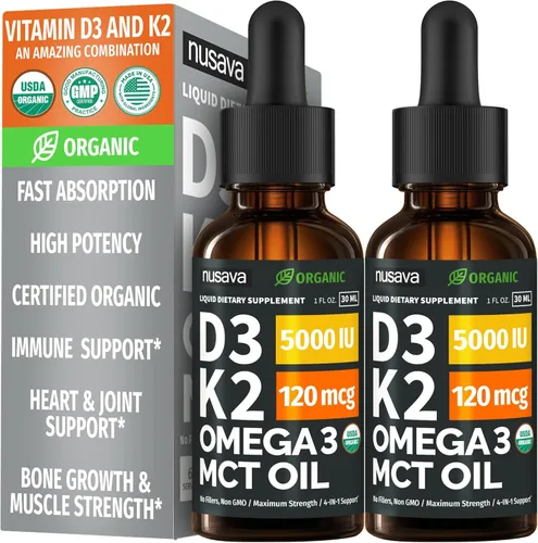Miniatura 21 de Paquete de 2 gotas orgánicas de vitamina D3 K2 con aceite MCT y Omega 3 - Vitamina líquida D3 5000 UI - Suplemento de vitamina K2 D3 - Gotas