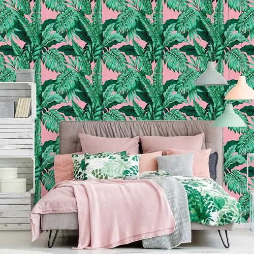 Miniatura 3 de VEELIKE Papel tapiz tropical rosa de 17.7 x 118 pulgadas, despegar y pegar, hojas de palmera exóticas, papel tapiz autoadhesivo de color rosa, papel