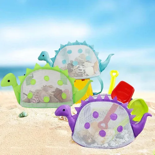 Miniatura 9 de AUONY Bolsa de playa de malla para juguete de playa, bolsa de conchas para niños, bolsa de juguete de arena de dinosaurio para sostener conchas, Azul