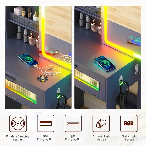Miniatura 4 de Escritorio de tocador con espejo y luces, escritorio de maquillaje LED RGB con estación de carga, juego de tocador con taburetes y espejo táctil